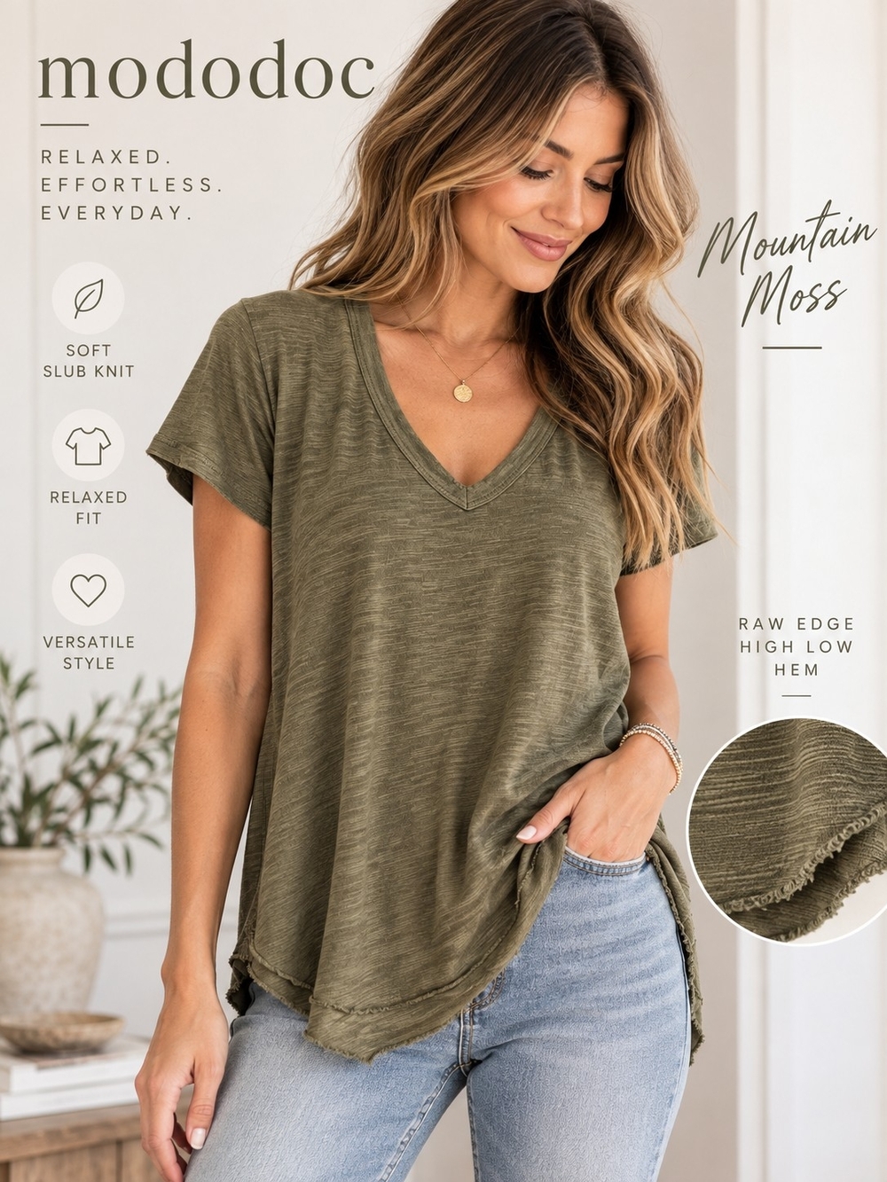 Mod-O-Doc Womens Small Mountain Moss Slub V Neck Tee Raw Hem High Low NWT